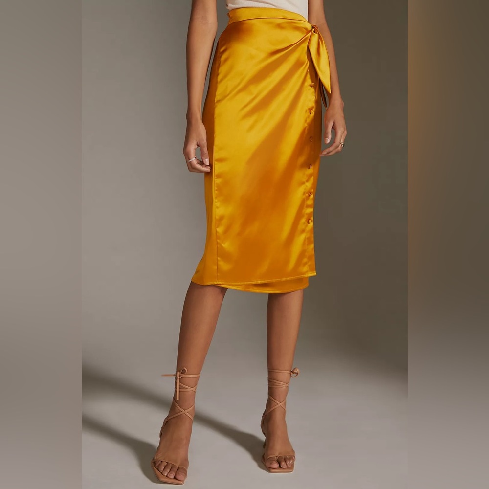 Anthropologie NWT Current Air Gold Satin Wrap Midi Skirt > Size L